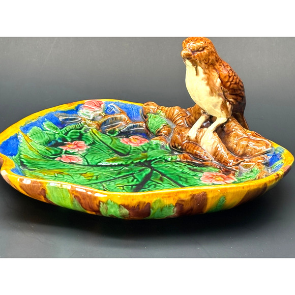 Majolica Pottery Plate Dish with Bird, Bright Colors, Heavy, Unmarked - Picture 14 of 16